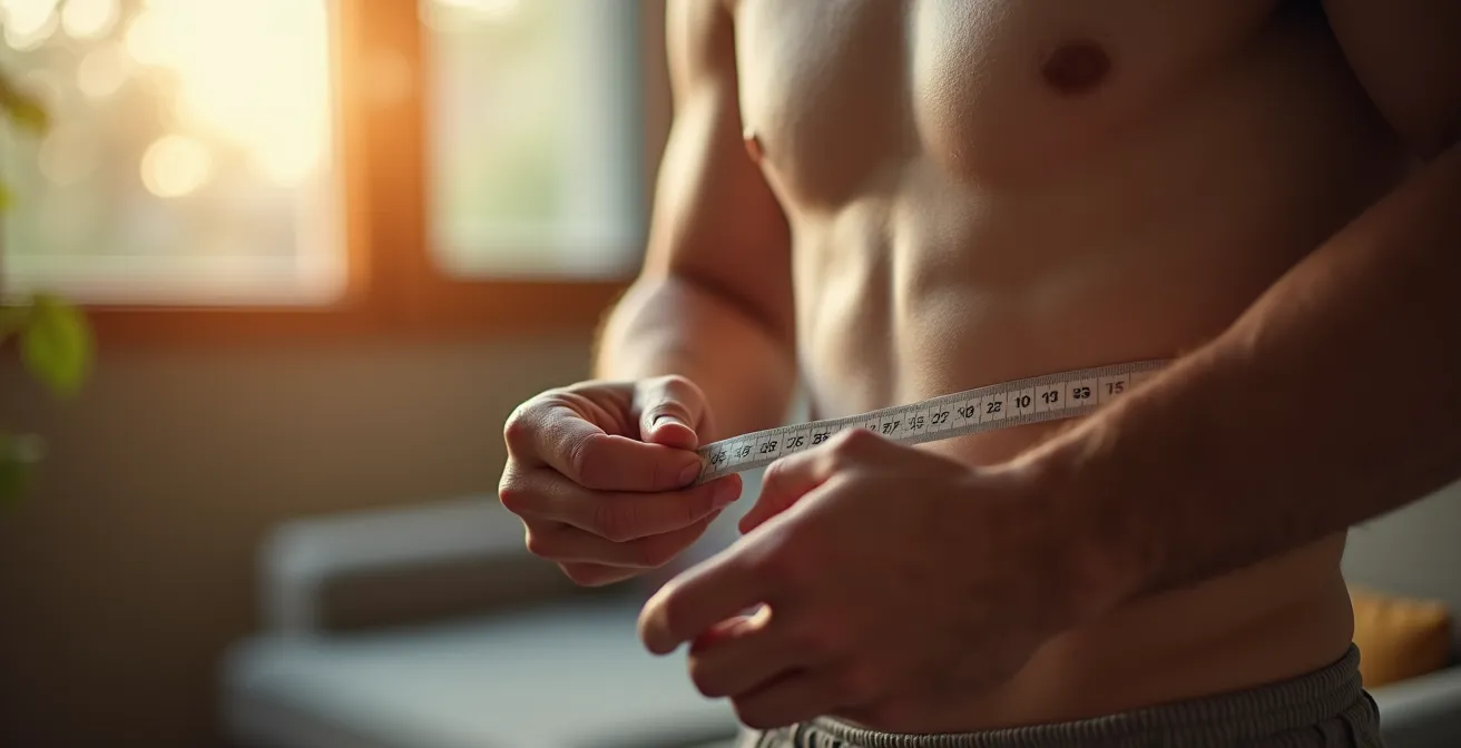 Mains mesurant un biceps avec un mètre ruban souple